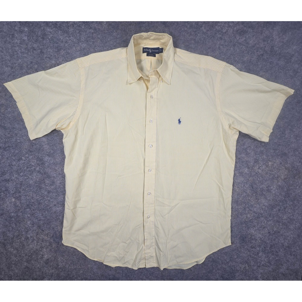 Ralph Lauren Blake Mens Large Yellow Gingham Cotton Short Sleeve Button Down